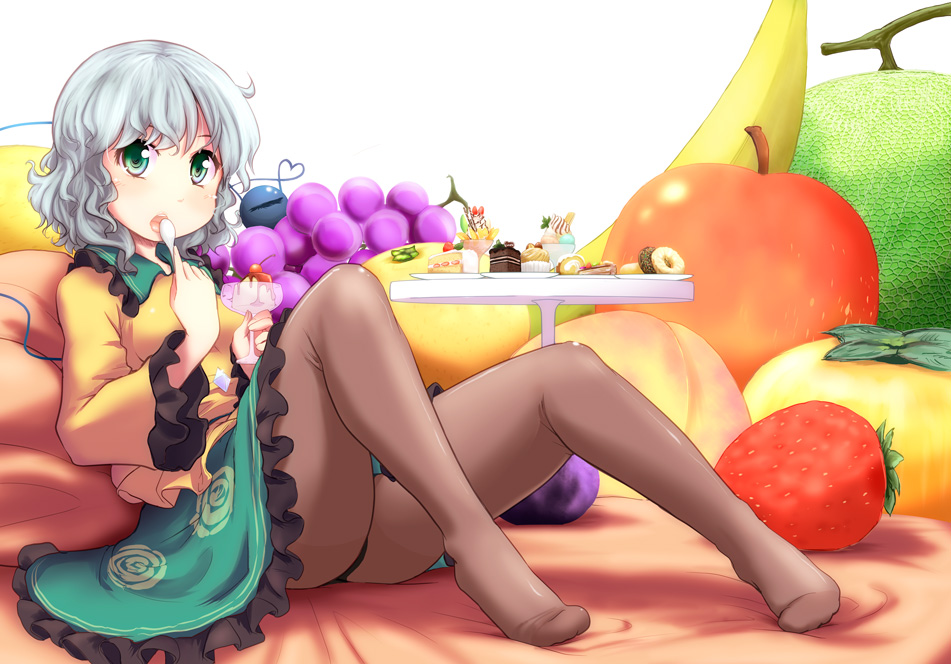 apple brown_legwear cake eating eyeball food fruit green_eyes heart heart_of_string holding holding_spoon komeiji_koishi kou_(haijindeath) no_hat no_headwear panties panties_under_pantyhose pantyhose peach short_hair silver_hair sitting skirt solo strawberry third_eye touhou underwear