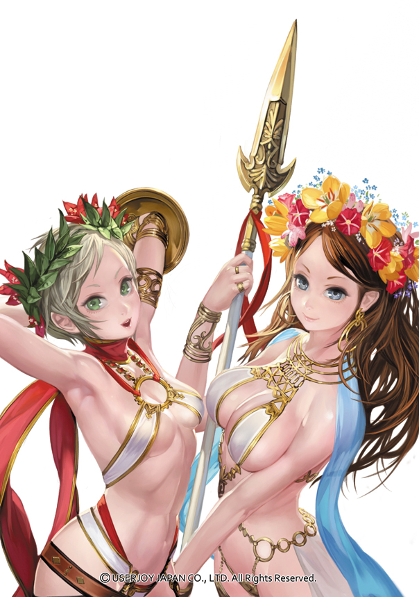 arm_behind_head armlet armpits arms_up bare_shoulders blue_eyes bracelet breasts brown_hair cleavage dios_kuroi earrings flower_crown flower_on_head green_eyes head_wreath hoop_earrings jewelry large_breasts long_hair multiple_girls navel o-ring_bottom o-ring_top open_mouth polearm ring scarf shield short_hair sideboob silver_hair simple_background smile spear takayama_toshiaki weapon