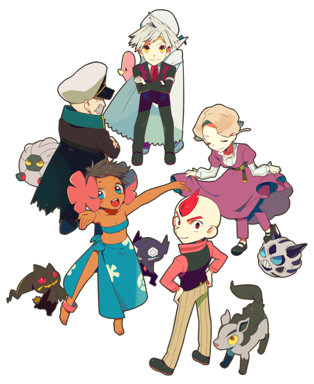 2girls 4boys alternate_costume anklet back-to-back bad_anatomy banette barefoot black_hair blonde_hair blue_eyes blue_hair cape chibi closed_eyes coat crossed_arms curtsey dark_skin dress elite_four everyone facial_hair female flower fuyou_(pokemon) genji_(pokemon) glalie grey_hair hair_flower hair_ornament hands_on_hips hat highres jewelry kagetsu_(pokemon) looking_back luvdisc male mightyena mikuri_(pokemon) multiple_boys multiple_girls mustache pants pokemon pokemon_(creature) pokemon_(game) pokemon_emerald pokemon_rse prim_(pokemon) prima_(pokemon) red_eyes red_hair redhead sableye sarong shelgon short_hair silver_hair simple_background smile tsuwabuki_daigo tubetop ucchii white_background yellow_eyes