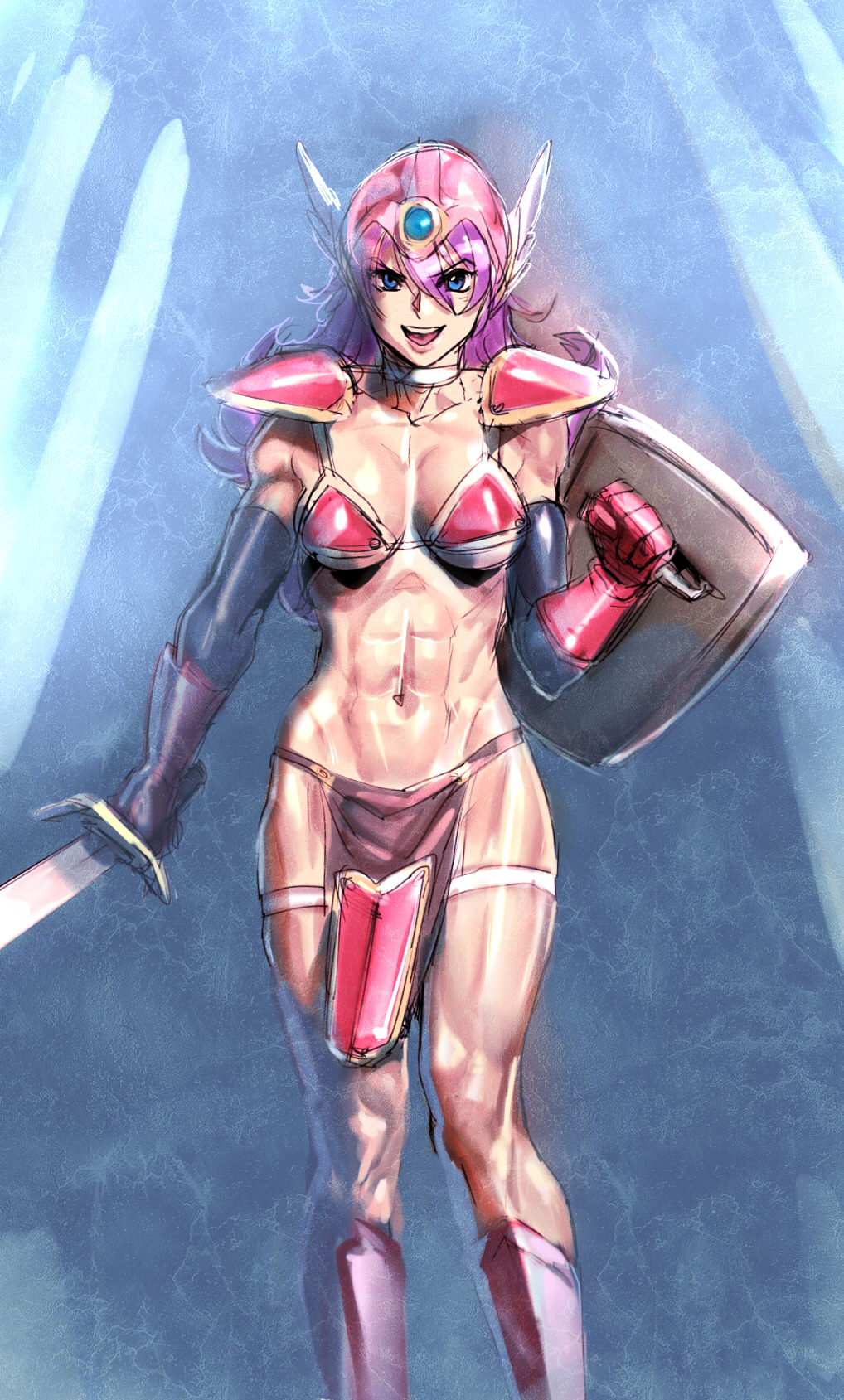 armor bikini_armor blue_eyes bow_(artist) bow_(bhp) breasts dragon_quest dragon_quest_iii helmet highres muscle navel open_mouth purple_hair shield shoulder_pads sketch smile soldier_(dq3) solo sword warrior weapon