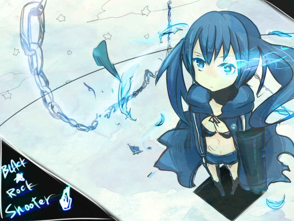 black_clothes black_rock_shooter black_rock_shooter_(character) blue blue_eyes blue_hair boots chain cloak feathers female hotpants kuroi_mato long_hair scar solo twintails weapon