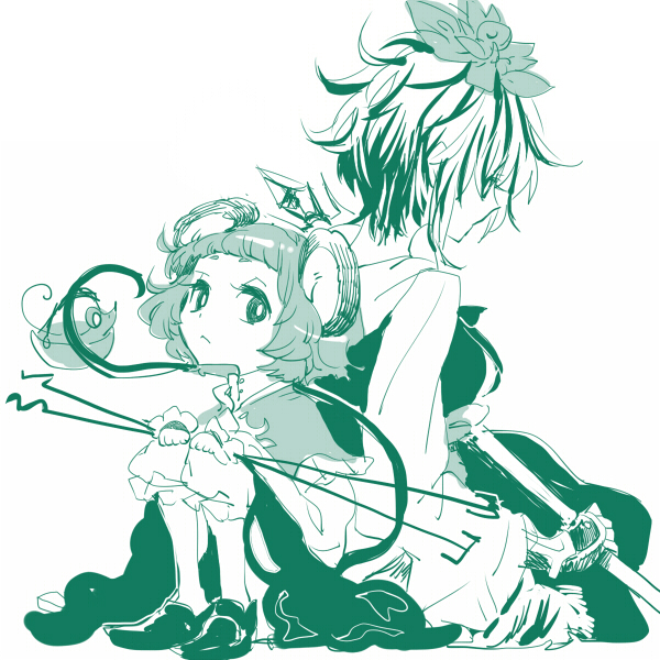 :&lt; animal_ears back-to-back basket bloomers dowsing_rod monochrome mouse mouse_ears mouse_tail multicolored_hair multiple_girls nazrin rod shinoasa sitting tail toramaru_shou touhou two-tone_hair