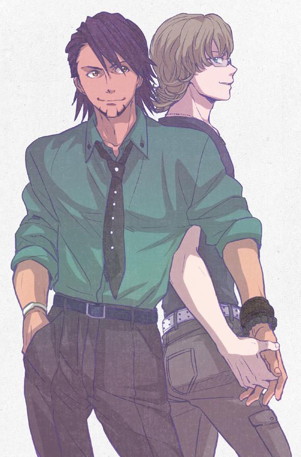 bad_id barnaby_brooks_jr belt blonde_hair brown_eyes brown_hair facial_hair glasses green_eyes hand_holding holding_hands jewelry kaburagi_t_kotetsu male mattsu multiple_boys necklace necktie short_hair stubble studded_belt t-shirt tiger_&amp;_bunny