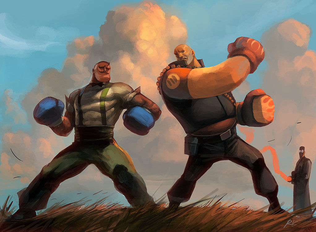 bandolier battle belt boxing boxing_gloves cloud crossover dark_skin dudley epic facial_hair field fighting glasses grass male medigun multiple_boys muscle mustache robert_kim street_fighter suspenders team_fortress_2 the_heavy the_medic weapon
