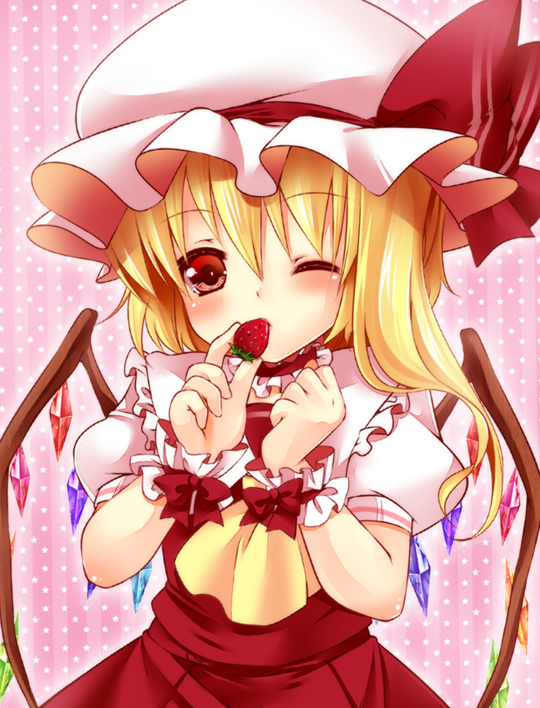 ascot blonde_hair flandre_scarlet food fruit hat holding holding_fruit holding_strawberry irori red_eyes side_ponytail solo strawberry the_embodiment_of_scarlet_devil touhou wings wink wrist_cuffs