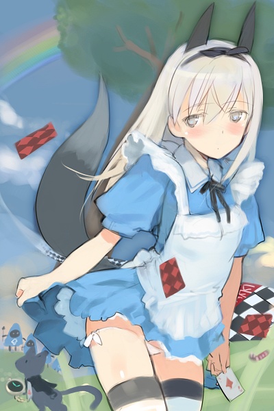 ace alice_in_wonderland animal_ears bad_id blonde_hair blush card cards cosplay dress eila_ilmatar_juutilainen falling_card fox_ears holding holding_card long_hair lowres panties playing_card purple_eyes revised revision shimada_fumikane side-tie_panties solo strike_witches thighhighs tonttu underwear violet_eyes