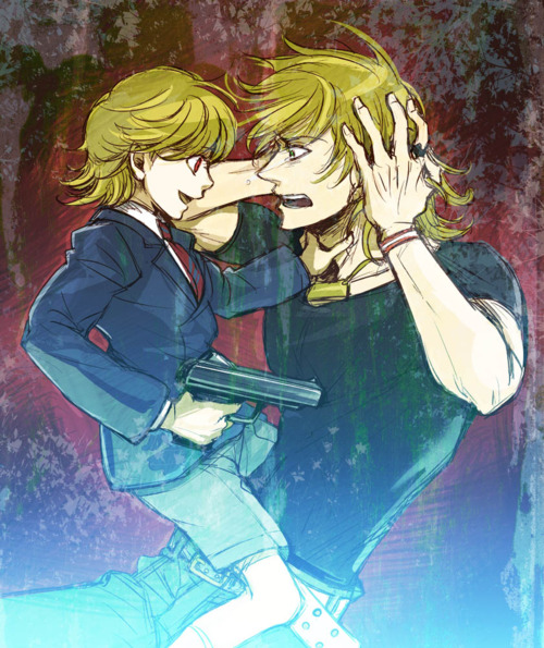 barnaby_brooks_jr belt blonde_hair child dark_persona dual_persona green_eyes gun jewelry makashiki_(aarni_0) male multiple_boys necktie ourobunny ring shorts studded_belt t-shirt tears tiger_&amp;_bunny time_paradox weapon young