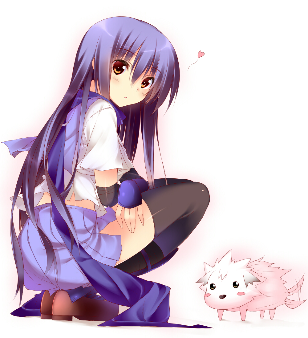 angel_beats! black_legwear blush_stickers chibi-moth company_connection dog heart key_(company) kuwashima_rein loafers long_hair looking_back rewrite scarf school_uniform shiina_(angel_beats!) shoes simple_background solo squatting tail tail_wagging thigh-highs thighhighs