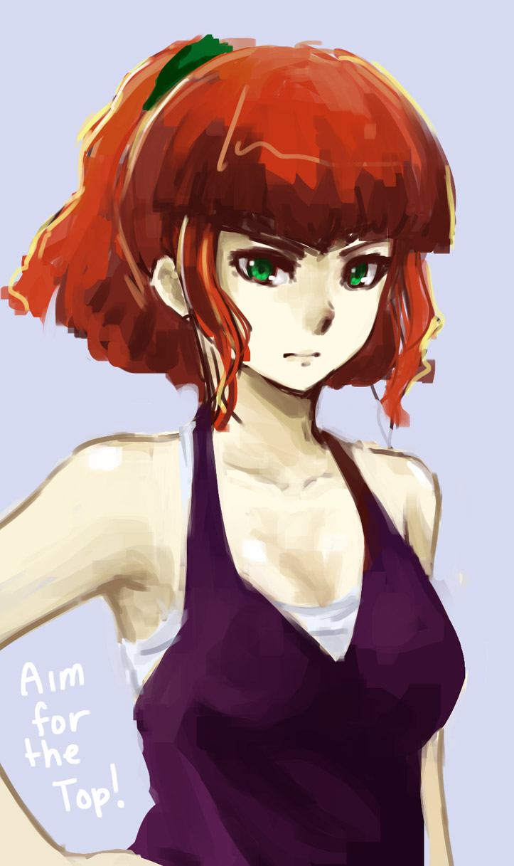 armpits character_request drawfag dress english face green_eyes halterneck highres imageboard_colors jung_freud pas_(paxiti) payot red_hair redhead simple_background solo title_drop top_wo_nerae!