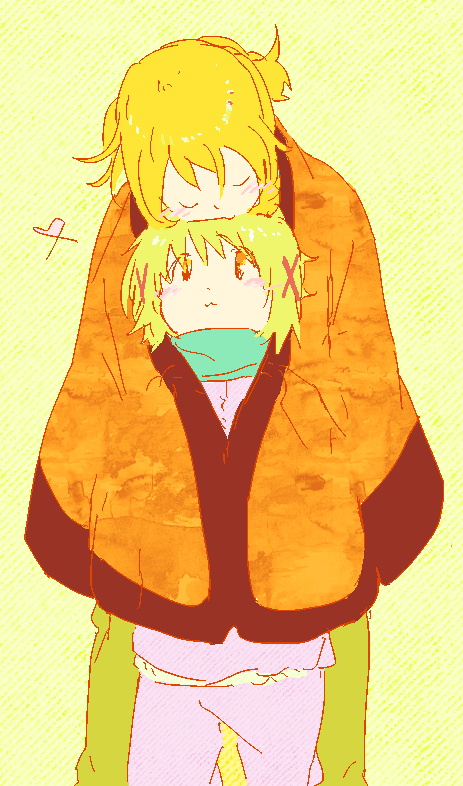 hair_ornament hairclip haori head_rest height_difference hidamari_sketch japanese_clothes miyako multiple_girls scarf size_difference tamagogogo yuno