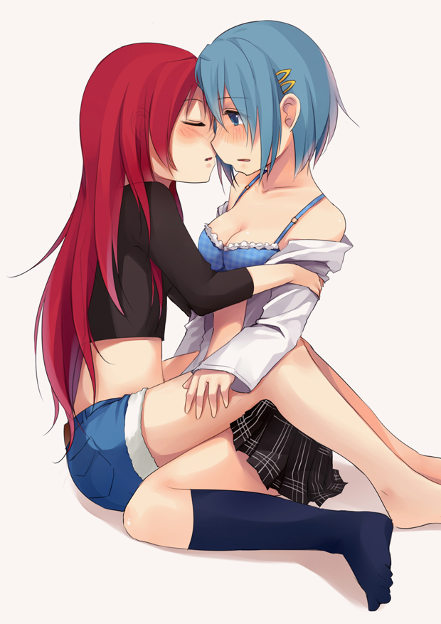 bad_id bare_shoulders barefoot black_legwear blue_bra blue_eyes blue_hair blush bra breasts cleavage closed_eyes duo face female hairclip hotpants incipient_kiss jing_hu kneehighs lingerie long_hair mahou_shoujo_madoka_magica midriff miki_sayaka multiple_girls off_shoulder open_clothes open_shirt red_hair redhead sakura_kyouko shirt short_hair shorts simple_background sitting sitting_on_lap sitting_on_person skirt socks underwear undressing wariza white_background yuri