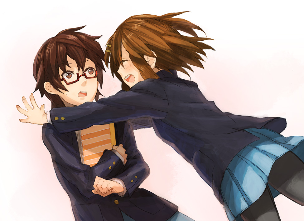 2girls brown_eyes brown_hair closed_eyes eyes_closed female fukutarou_(enji127) glasses hirasawa_yui hug k-on! long_sleeves manabe_nodoka multiple_girls open_mouth pantyhose school_uniform short_hair skirt yuri