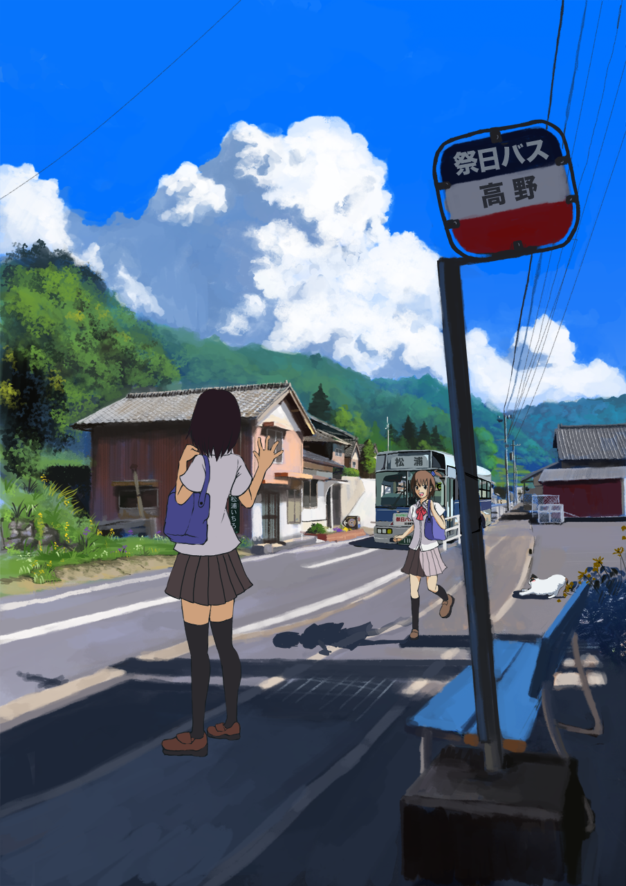 bag bench black_hair black_legwear brown_hair bus bus_stop cat cloud from_behind highres ichiro_matsura matsura_ichirou motor_vehicle multiple_girls original rural scenery school_bag school_uniform shade skirt sky thigh-highs thighhighs town vehicle waving zettai_ryouiki