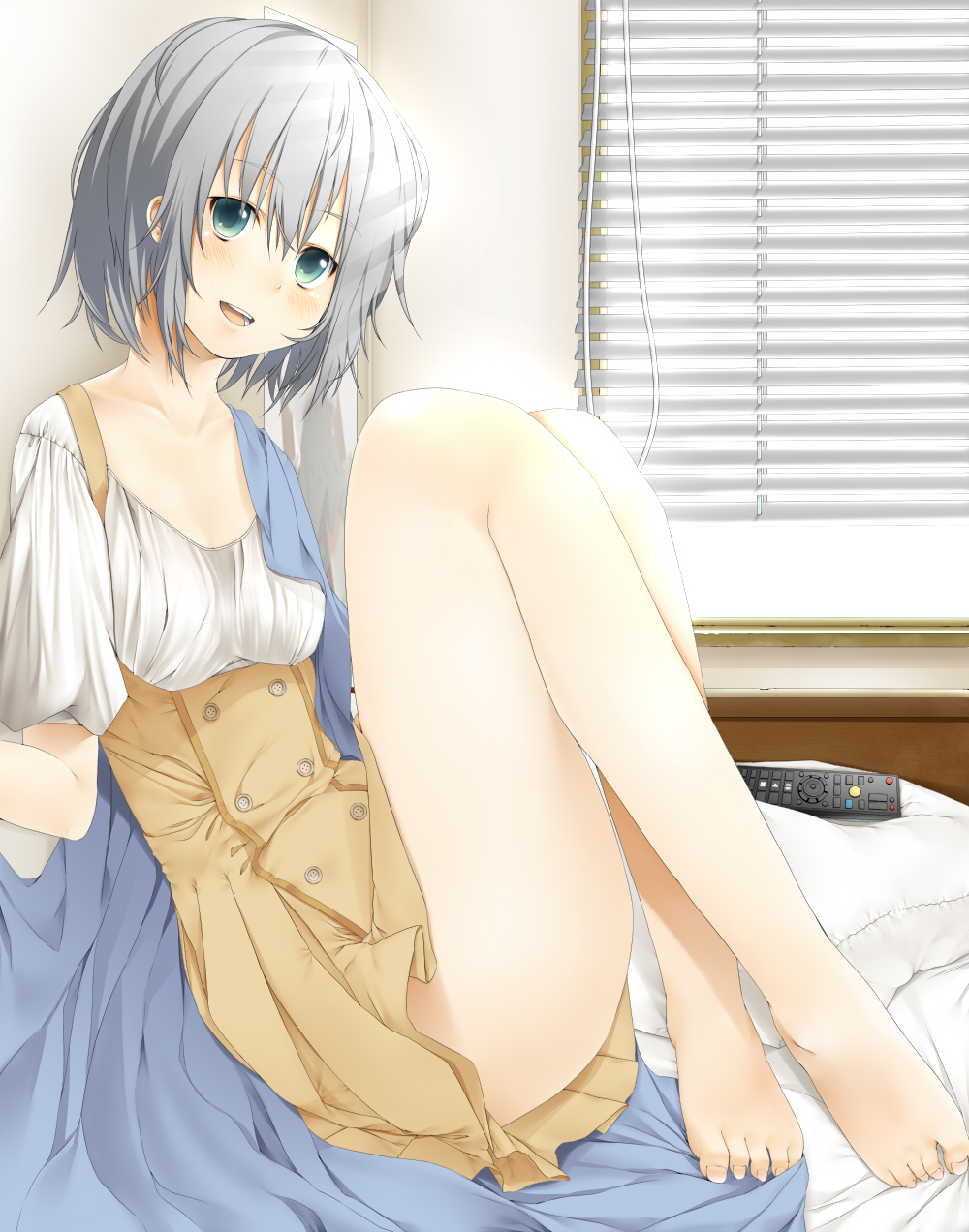 alternate_costume barefoot bed bed_sheet blanket blinds blouse buttons collarbone contemporary dress green_eyes head_tilt highres konpaku_youmu open_mouth pillow poster poster_(object) remote short_hair silver_hair sitting solo touhou window yana_mori