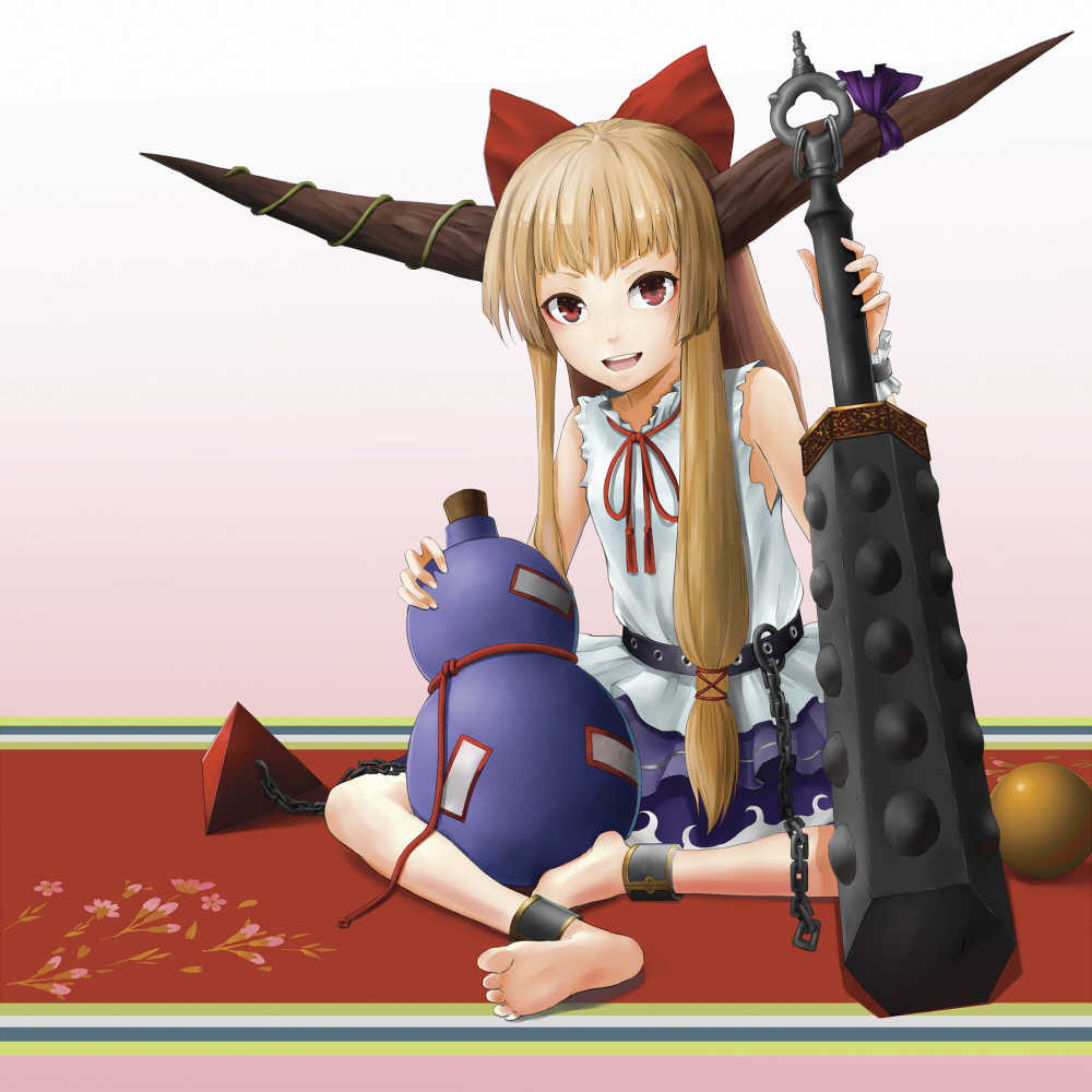 ankle_cuffs ankleband anklet barefoot blonde_hair bow chain chains club feet gourd hair_bow higenagi horns ibuki_suika jewelry kanabou open_mouth orange_hair pyramid red_eyes sitting sleeveless sleeveless_shirt soles solo sphere touhou weapon wrist_cuffs