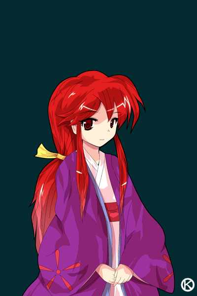 alphes_(style) bust hair_ornament japanese_clothes kaoru_(gensou_yuugen-an) kimono kotohime long_hair parody payot ponytail red_eyes red_hair redhead smile solo style_parody touhou touhou_(pc-98)