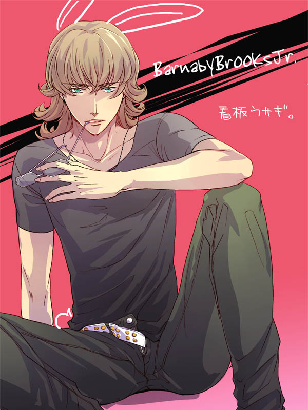 animal_ears barnaby_brooks_jr belt blonde_hair bunny_ears glasses glasses_removed green_eyes holding holding_glasses jewelry male necklace qen-san sitting solo studded_belt t-shirt tiger_&amp;_bunny