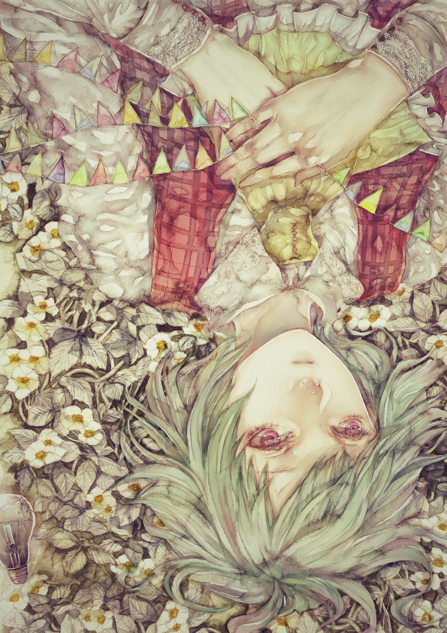 ascot bad_id daffodil flower from_above green_hair hands_on_own_chest hands_to_chest highres kazami_yuuka lightbulb lying on_back red_eyes short_hair solo touhou upside-down yogisya youkai
