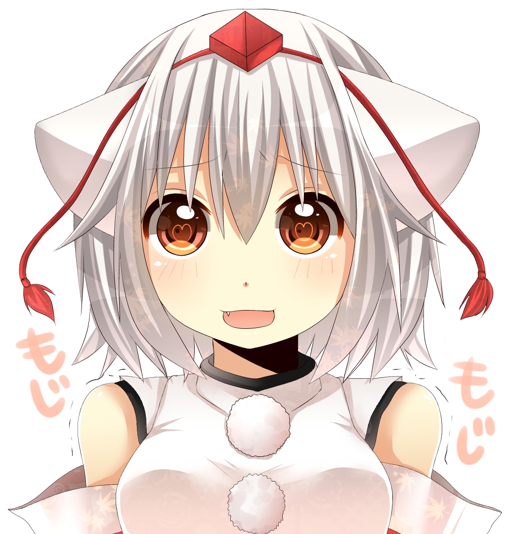 bad_id bare_shoulders blush bust close-up detached_sleeves face fang hat heart heart-shaped_pupils inubashiri_momiji looking_at_viewer open_mouth short_hair silver_hair simple_background solo symbol-shaped_pupils tokin_hat touhou trembling yamasuta