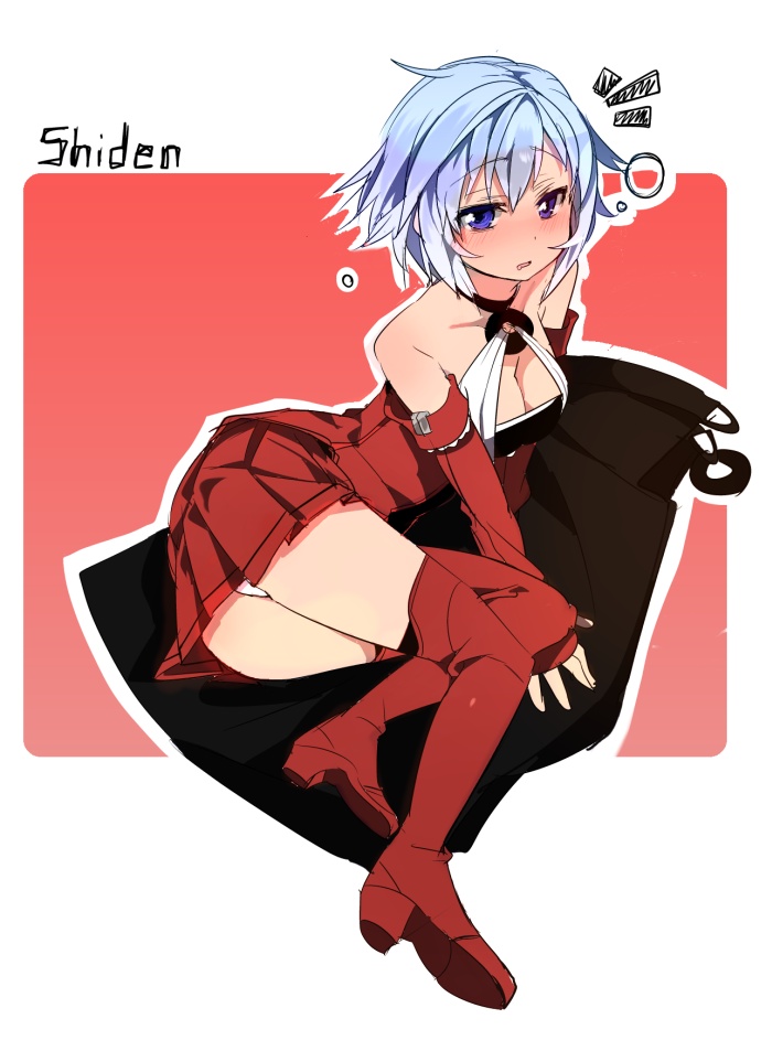 blue_eyes blue_hair blush boots breasts cleavage detached_sleeves drunk halterneck hiccup knee_boots looking_at_viewer original panties pantyshot pantyshot_(sitting) pantyshot_sitting shiden_(shirow) shirow_(crazy) sitting solo thighhighs underwear yokozuwari