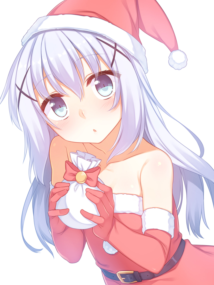 1girl alternate_costume bare_shoulders belt blue_eyes blue_hair christmas commentary_request elbow_gloves gift gloves gochuumon_wa_usagi_desu_ka? hair_ornament hairclip hat head_tilt holding kafuu_chino long_hair looking_at_viewer matching_hair/eyes racer_(magnet) red_gloves santa_costume santa_hat simple_background solo white_background x_hair_ornament