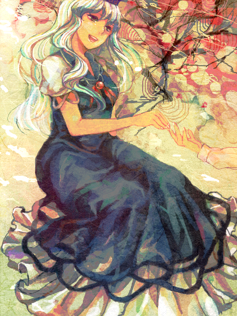 blue_dress blue_eyes dress hat kamishirasawa_keine long_hair lowres mgn0isi open_mouth outstretched_hand silver_hair sitting smile solo touching touhou