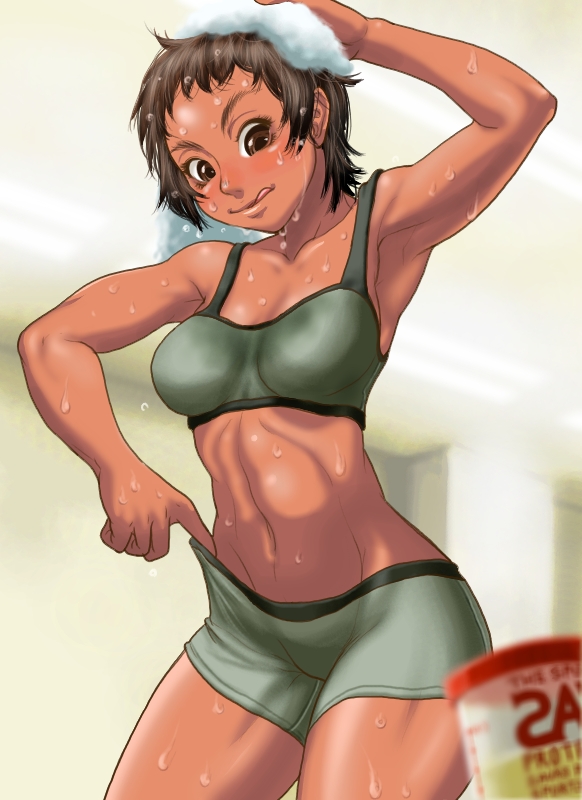 abs armpits boro copyright_request dark_skin muscle navel short_hair shorts shorts_pull solo sports_bra sweat thighs tongue towel towel_on_head