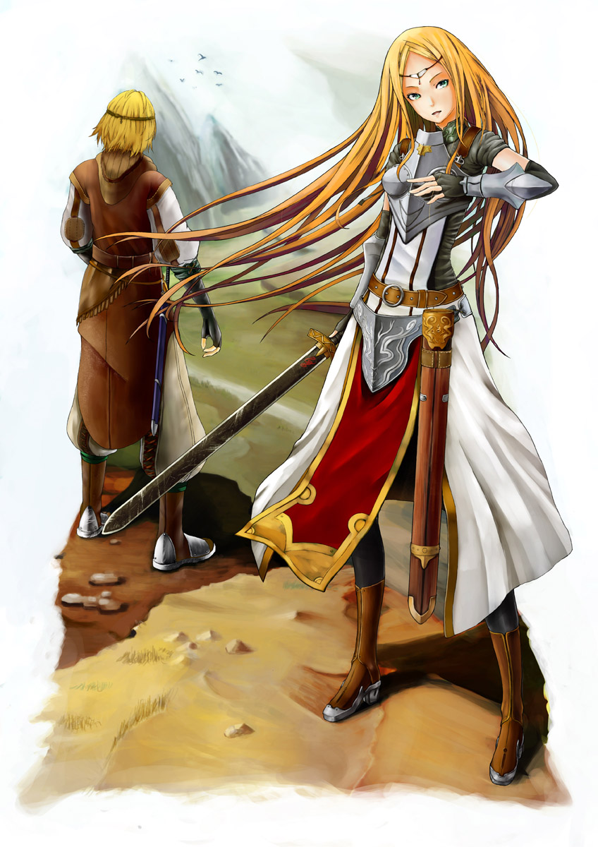 armor belt blonde_hair boots breastplate gauntlets higenagi highres long_hair mountain original sheath sword very_long_hair weapon