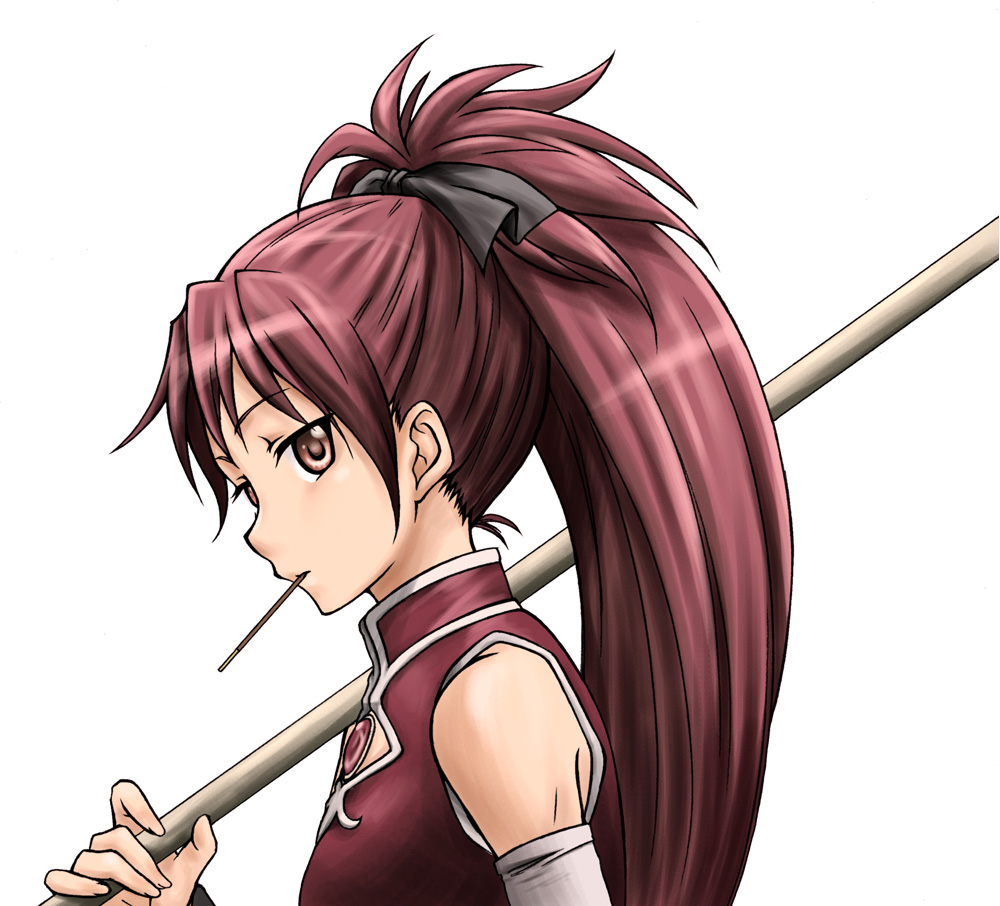 bare_shoulders bow bust hair_bow long_hair magical_girl mahou_shoujo_madoka_magica orange_ize pocky polearm red_eyes red_hair redhead sakura_kyouko simple_background solo spear weapon white_background