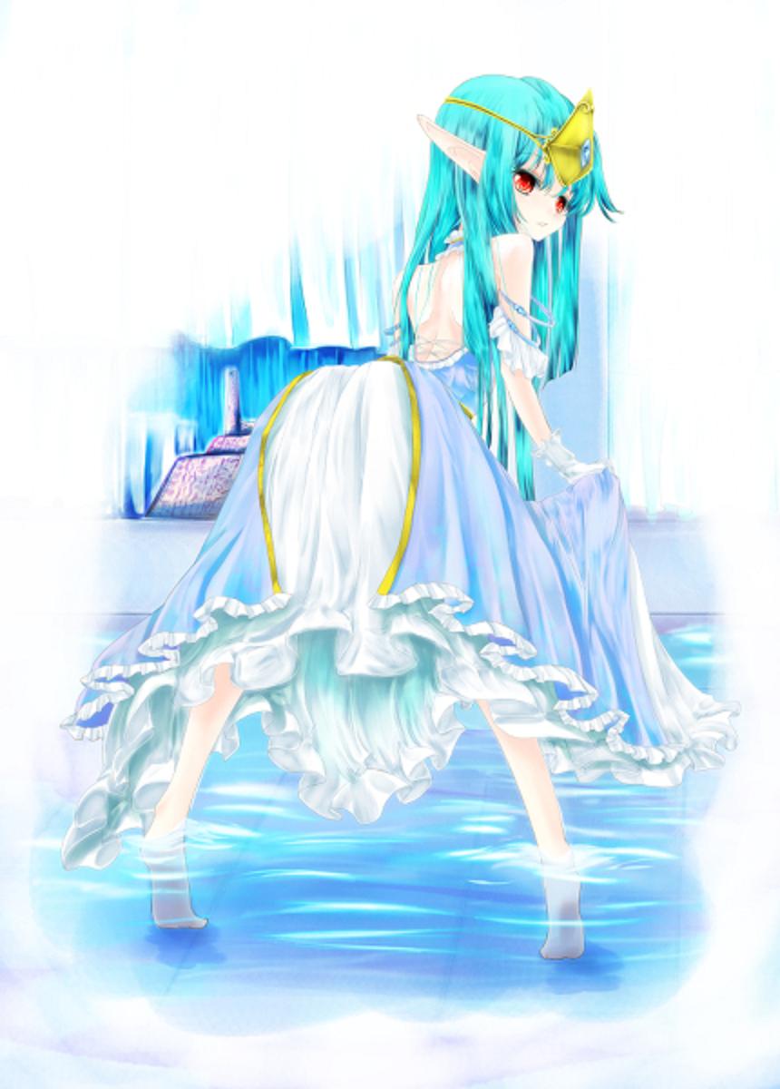 barefoot dress from_behind highres luka_(seiken_densetsu_2) pointy_ears seiken_densetsu seiken_densetsu_2 tiara water