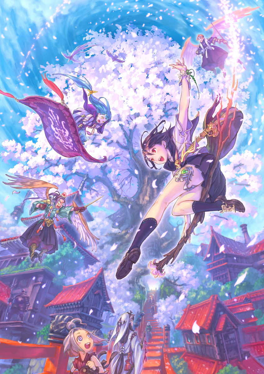 6+girls ahoge armor bag bird blonde_hair blue_eyes blue_hair blush_stickers broom broom_riding brown_hair carpet cherry_blossoms east_asian_architecture flying hair_ribbon hat highres hisakata_souji katana loafers long_hair looking_up magic_carpet multiple_boys multiple_girls open_mouth original outstretched_arm petals pink_hair polearm ponytail purple_eyes purple_hair red_eyes ribbon shirt shoes skirt sky smile spear stairs sword town tree violet_eyes wand weapon wings yellow_eyes
