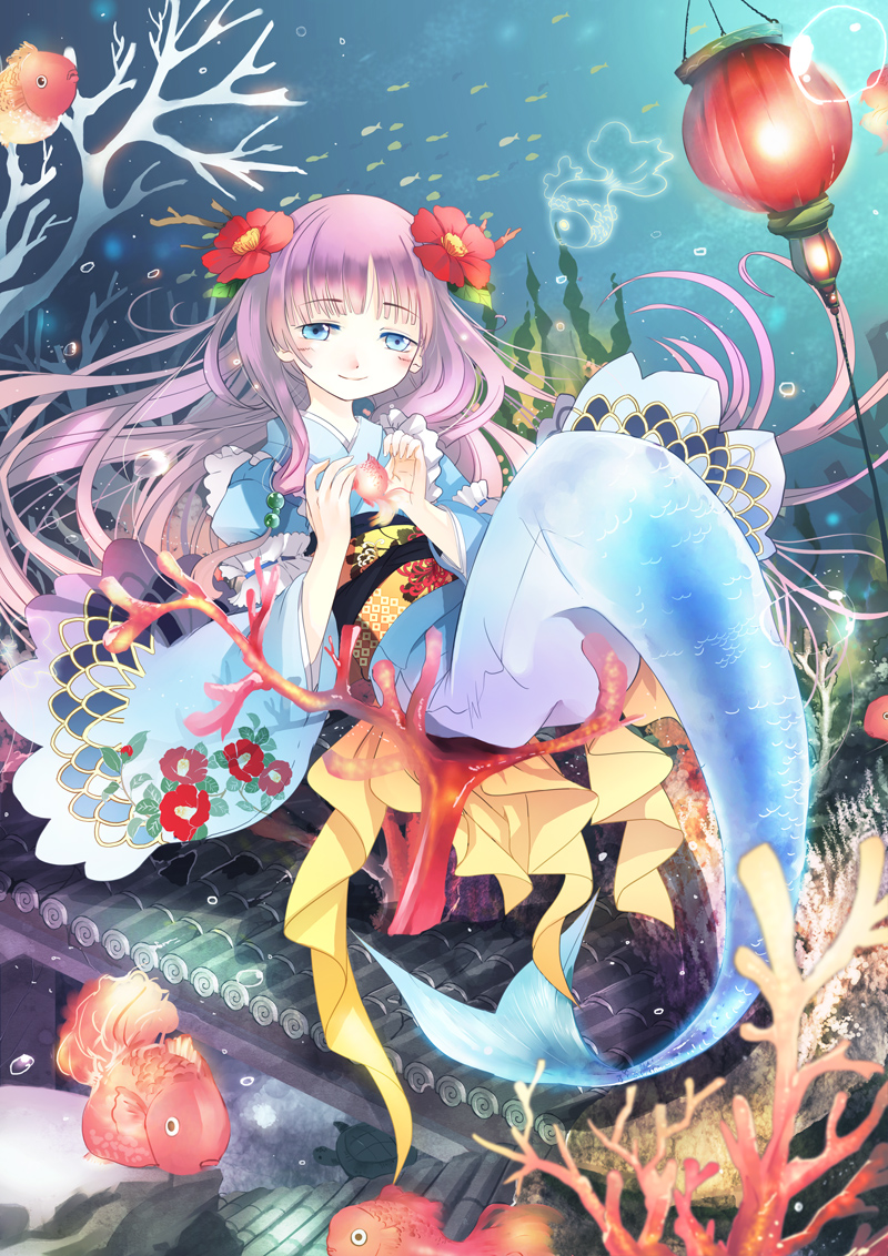 flower fuyouchu hair_flower hair_ornament japanese_clothes kimono lantern long_hair mermaid monster_girl original solo underwater