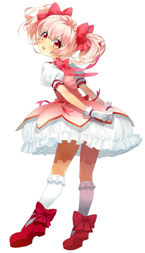 bow dress frills gloves gpnet hair_ribbon kaname_madoka kneehighs looking_back magical_girl mahou_shoujo_madoka_magica mary_janes pink_hair red_eyes ribbon shoes short_hair short_twintails smile solo twintails white_gloves white_legwear