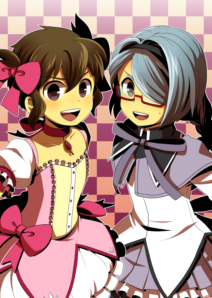 2boys akemi_homura akemi_homura_(cosplay) bow brown_hair cosplay crossdressinging endou_mamoru face glasses hair_bow hair_over_one_eye inazuma_eleven inazuma_eleven_(series) kaname_madoka kaname_madoka_(cosplay) kazemaru_ichirouta mahou_shoujo_madoka_magica multiple_boys open_mouth pantyhose red-framed_glasses ribbon short_hair skirt sweatdrop trap