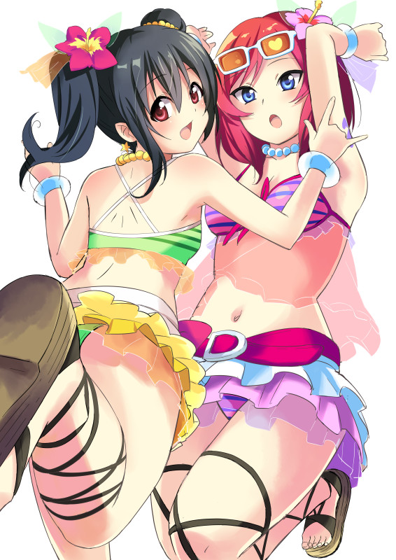 ankle_lace-up bare_shoulders bikini_top black_hair blue_eyes bracelet breasts brown_eyes cleavage cross-laced_footwear flower front-tie_top hair_flower hair_ornament jewelry kitagawa_unagi love_live!_school_idol_project midriff multiple_girls navel necklace nishikino_maki open_mouth red_hair redhead sandals smile sunglasses sunglasses_on_head toujou_nozomi twintails yazawa_nico