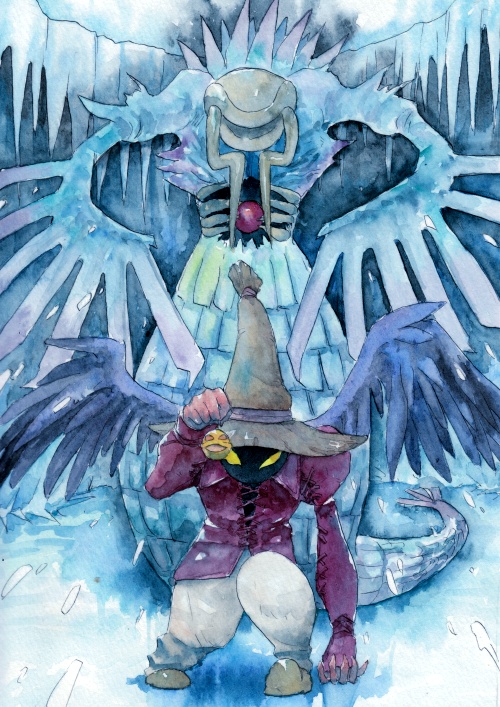 black_mage black_waltz character_request deboo final_fantasy final_fantasy_ix glowing glowing_eyes hat ice male traditional_media watercolor_(medium) yellow_eyes