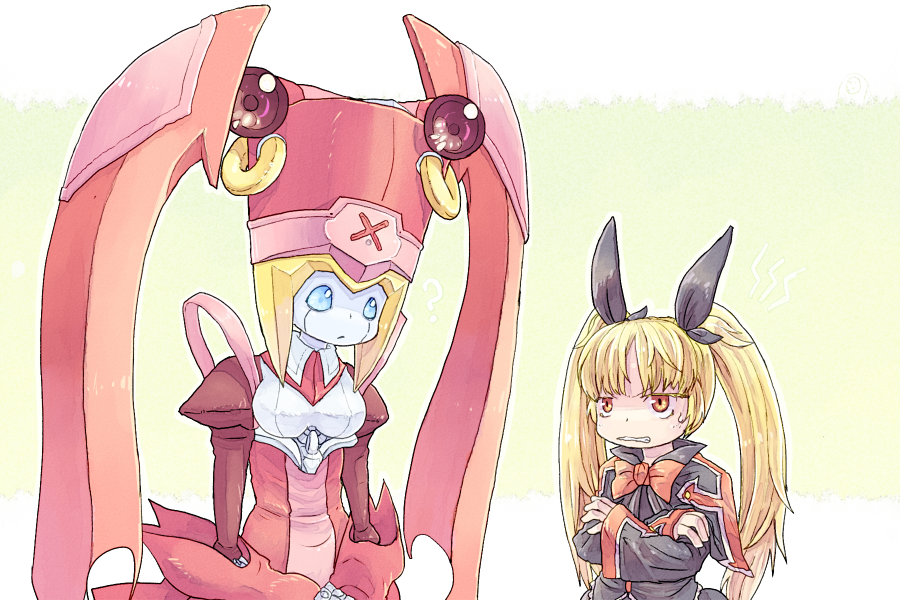 android angry blazblue blonde_hair blue_eyes bow breast_envy citolo clenched_teeth crossed_arms gununu hair_bow height_difference ignis_(blazblue) long_hair multiple_girls rachel_alucard red_eyes ribbon robot_ears shawl short_hair size_difference twintails