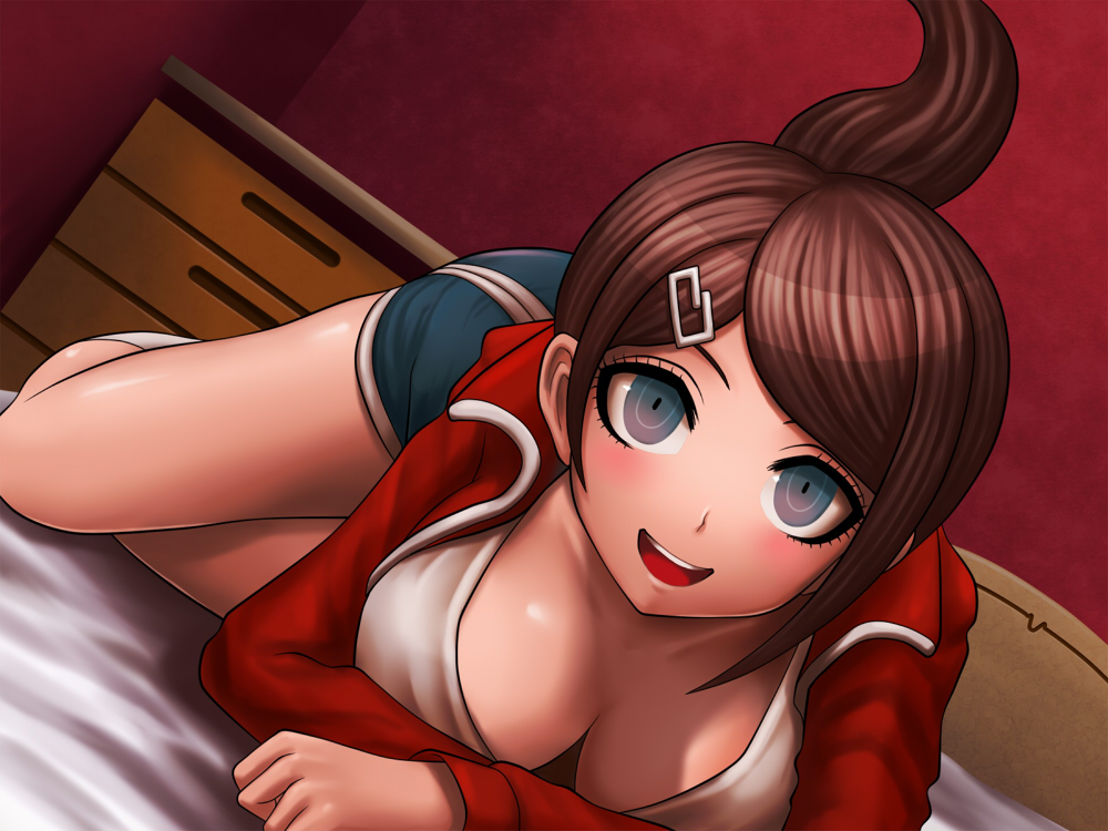 bare_legs blue_eyes blush breasts brown_hair cleavage collarbone dangan-ronpa dangan_ronpa down_blouse dutch_angle face gig_(artist) hair_ornament hairclip jacket large_breasts looking_at_viewer on_stomach open_mouth shorts smile solo