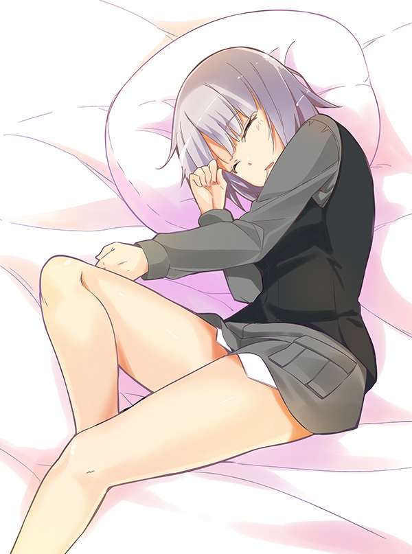 1girl bed bottomless brave_witches closed_eyes commentary drooling edytha_rossmann kurusu_(amamura) lying military military_uniform on_side pillow saliva short_hair silver_hair sleeping solo uniform vest world_witches_series