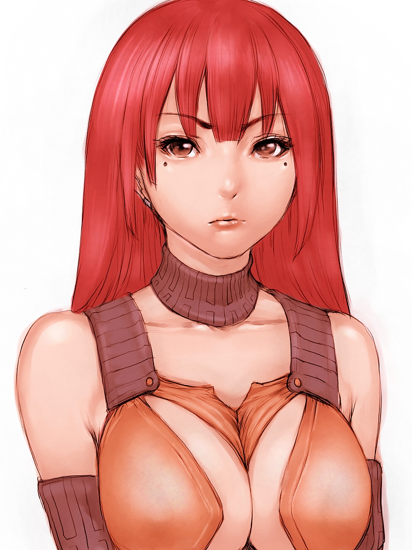 breasts bust cleavage collar collarbone fumio_(rsqkr) humio large_breasts lips long_hair mole original red_eyes red_hair redhead simple_background solo