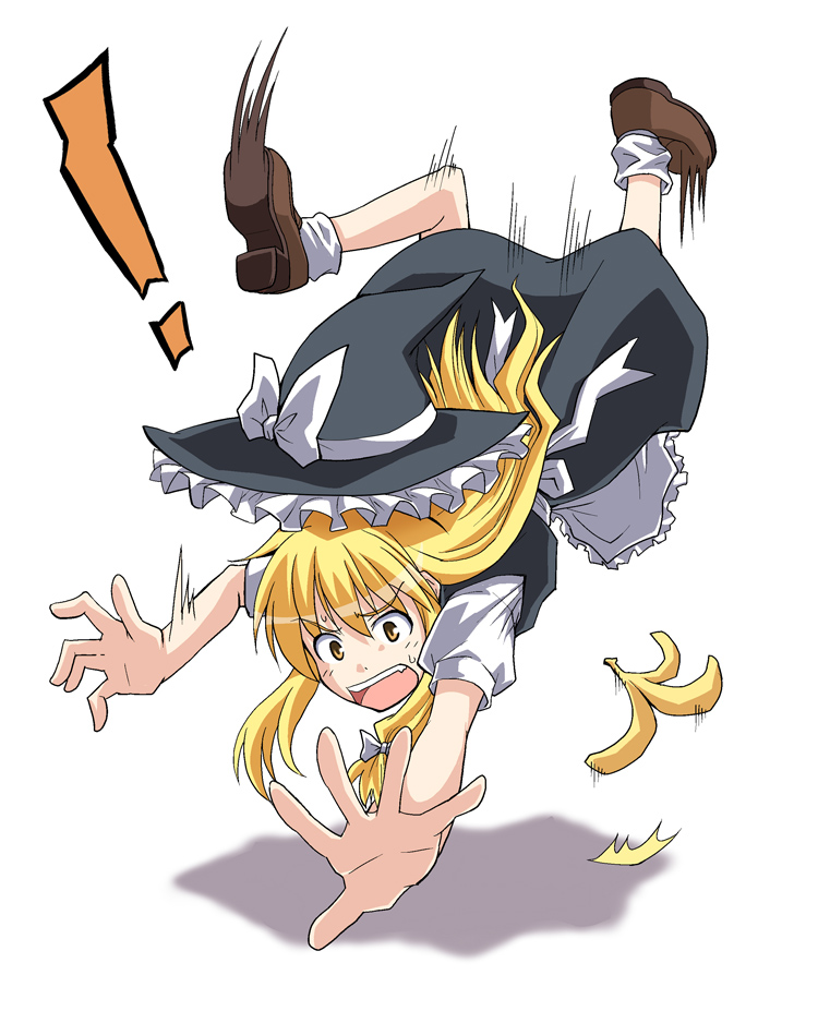1girl banana_peel blonde_hair brown_eyes hat kirisame_marisa long_hair motion_blur open_mouth outstretched_arms rimibure shadow slipping solo touhou tripping witch witch_hat yellow_eyes