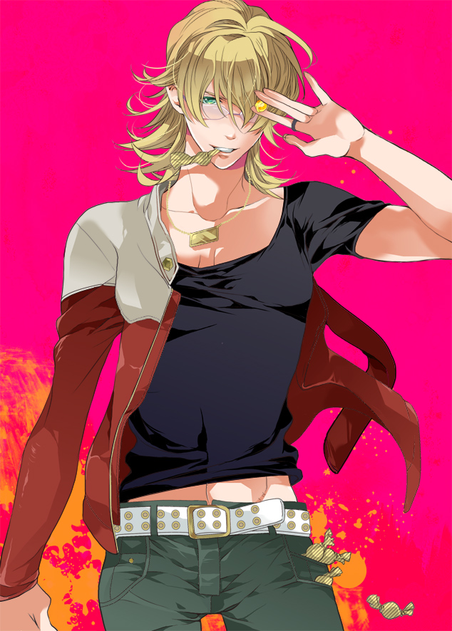 barnaby_brooks_jr belt blonde blonde_hair candy glasses green_eyes jacket jewelry male glasses necklace owal red_jacket ring solo studded_belt t-shirt tiger_&amp;_bunny
