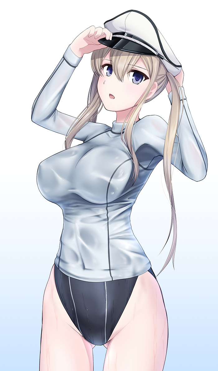 1girl 8000 adjusting_clothes adjusting_hat blonde_hair blue_eyes blue_swimsuit breasts competition_swimsuit covered_navel cowboy_shot gluteal_fold gradient gradient_background graf_zeppelin_(kantai_collection) hat kantai_collection large_breasts long_hair one-piece_swimsuit open_mouth peaked_cap rash_guard simple_background solo swimsuit twintails