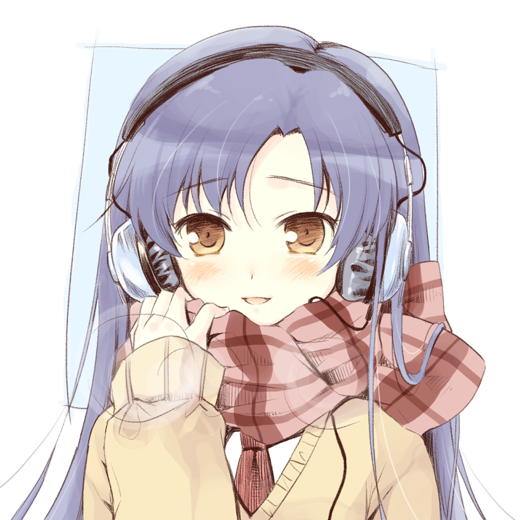 1girl blue_hair blush brown_eyes face headphones idolmaster kisaragi_chihaya komi_zumiko long_hair looking_at_viewer necktie plaid plaid_scarf portrait scarf solo sweat