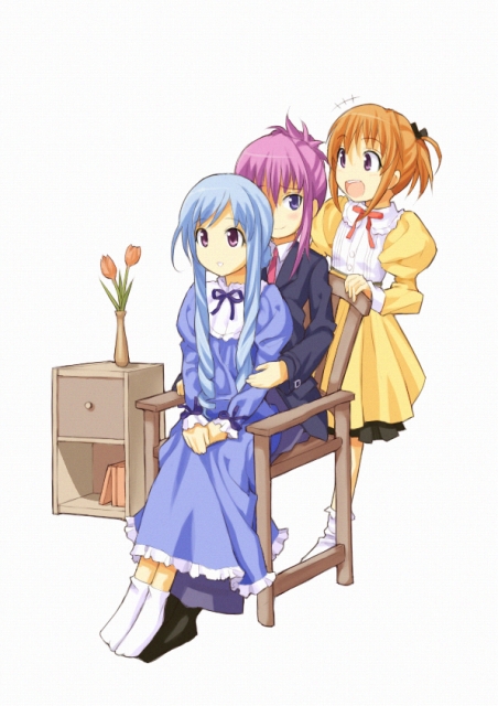 aria_(sister_princess) chair chikage_(sister_princess) drawer dress hinako hinako_(sister_princess) mizugame multiple_girls sister_princess sitting sitting_on_lap sitting_on_person vase