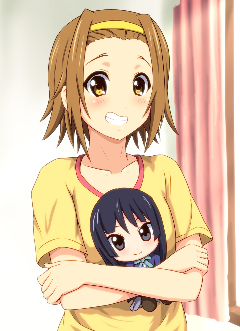 akiyama_mio black_eyes black_hair blush brown_eyes brown_hair character_doll clavicle collarbone diesel-turbo doll_hug grin hairband k-on! short_hair smile solo tainaka_ritsu