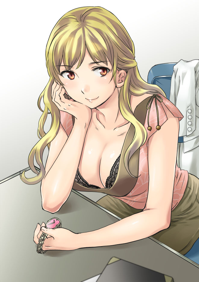 blonde_hair blouse bra breasts chair character_request chin_rest cleavage collarbone cuvie down_blouse large_breasts leaning_forward lingerie long_hair nightmare_maker orange_eyes sitting smile solo underwear watch wristwatch
