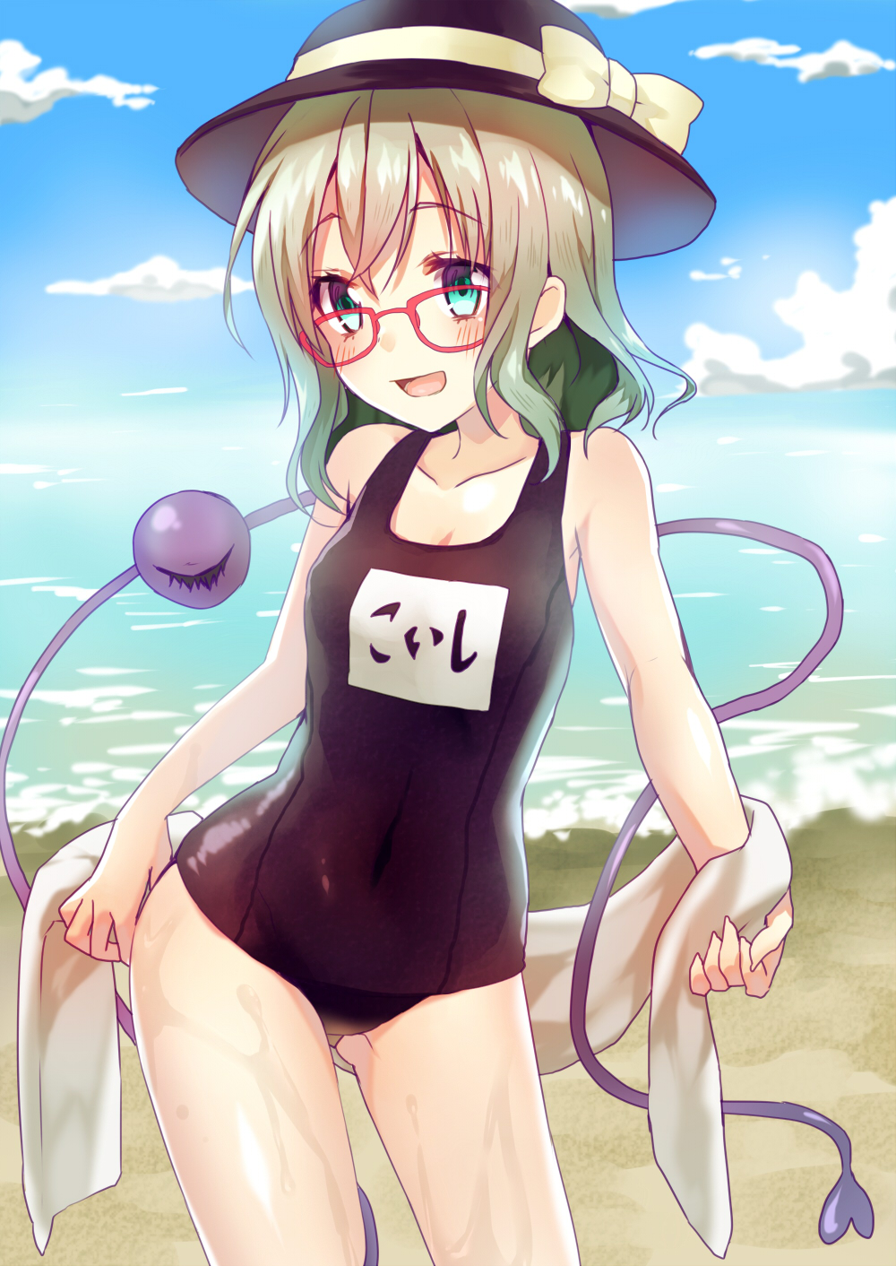 1girl aqua_eyes beach bespectacled blue_sky clouds collarbone glasses hat hat_removed headwear_removed highres hijiri-ssh komeiji_koishi open_mouth red-framed_glasses school_swimsuit silver_hair sky smile solo swimsuit third_eye touhou towel water wet
