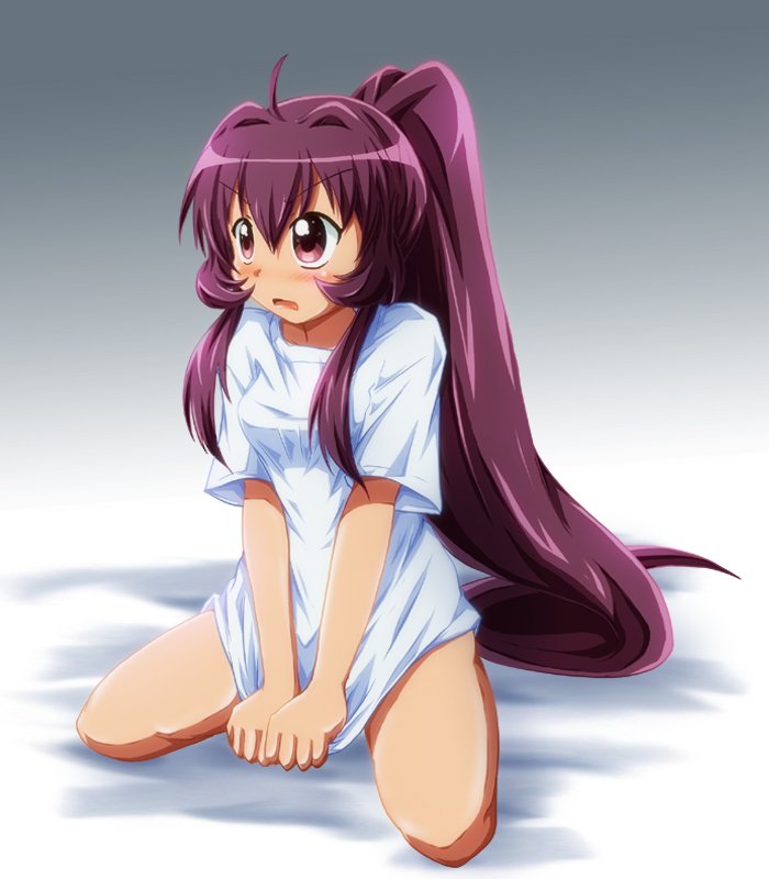 1girl ahoge hair_intakes open_mouth ponytail purple_hair seiza shishinon sitting solo sugiura_ayano t-shirt yuru_yuri