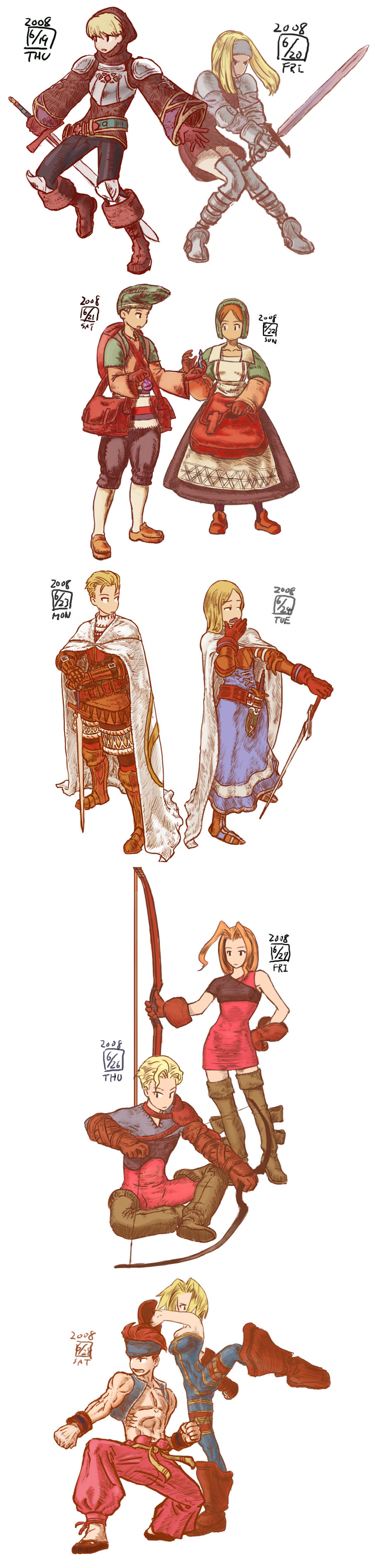 archer_(fft) armor blonde_hair bow cape character_request chemist_(fft) final_fantasy final_fantasy_tactics gloves greaves highres ikeda ikeda_(cpt) knight_(fft) long_image monk_(fft) squire_(fft) sword tall_image weapon